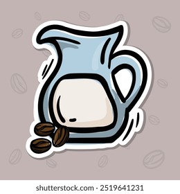 Simple vector illustration of a jug of milk and coffee beans. Hand drawn illustration for sticker, emblem, label, price tag. Colored casual icon for the design of a cafe, restaurant