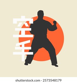 Simple vector illustration of a karate silhouette with red sun and Japanese kanji. Great for martial arts, karate, sports, or cultural-themed designs