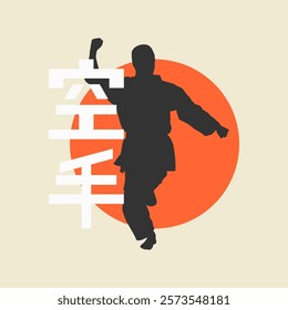 Simple vector illustration of a karate silhouette with red sun and Japanese kanji. Great for martial arts, karate, sports, or cultural-themed designs