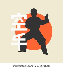 Simple vector illustration of a karate silhouette with red sun and Japanese kanji. Great for martial arts, karate, sports, or cultural-themed designs