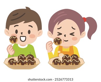 Simple vector illustration of a kid eating takoyaki