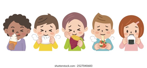 Simple vector illustration of kids stuffing their cheeks with food