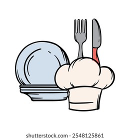 Simple vector illustration of a kitchen hood, plates, fork and knife. Hand drawn image of kitchen utensils, cafe, restaurant, cooking. Set of elements and icons for design and decoration