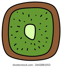 A simple vector illustration of a kiwi fruit slice viewed from above, featuring a green center with black seeds. Hand drawn kiwi design.