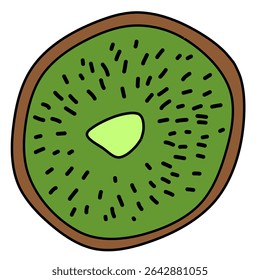 A simple vector illustration of a kiwi fruit slice viewed from above, featuring a green center with black seeds. Hand drawn kiwi design.