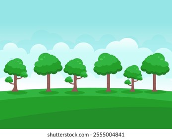 Simple vector illustration of a landscape with a row of green trees growing on a grassy field. The bright blue sky background with thin white clouds adds a fresh and natural feel.
