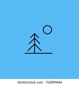 Simple vector illustration of landscape with spruce and moon or sun on blue background. Outline nature icon 