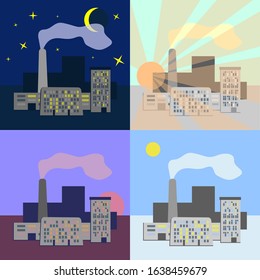 Simple vector illustration. Landscape with urban skyline. Industrial architecture with a smoking plant chimney throughout the day: at night, sunrise, noon and sunset. 24 hours of modern city view.