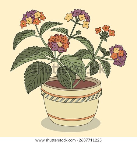 Simple vector illustration of lantana plant in a terracotta pot with small cluster flowers
