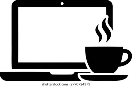 Simple vector illustration of a laptop computer next to a steaming coffee cup on a saucer, representing a work break.