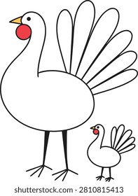 Simple Vector Illustration of a Large Adult Turkey and a Small Baby Turkey