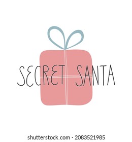 Simple ilustración vectorial con letras Secret Santa y caja de regalo para la decoración de la invitación.