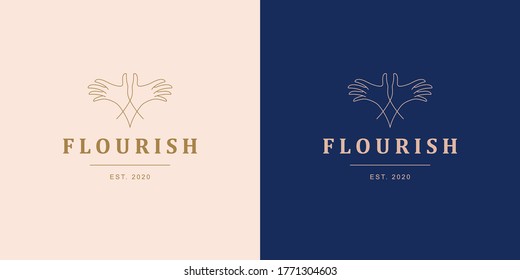 Simple vector illustration of linear emblem template with elegant crossed female hands symbolizing unity and volunteering designed for charitable association line style