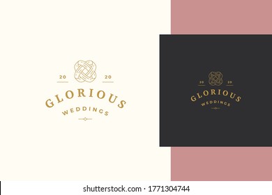 Simple vector illustration of linear style emblem template with elegant intertwined engagement rings as symbol of loyalty designed for wedding planning company line style
