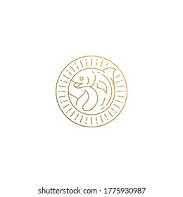 Simple vector illustration of linear style emblem of elegant stylized fish in striped circle hand drawn with thin golden lines