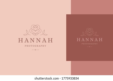 Ilustración vectorial simple de la plantilla de emblema de estilo lineal con hojas rosa y pequeñas elegantes diseñadas para el servicio de fotografía profesional estilo de línea de publicidad