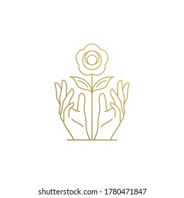 Simple vector illustration of linear style logo design template of female hands nurturing growing flower drawn with thin golden lines