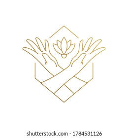 Simple vector illustration of linear style logo design template of female hands nurturing growing flower drawn with thin golden lines