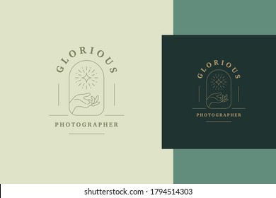 Simple vector illustration of linear style emblem template with female hand holding shimmering star in window designed for photography agency line style