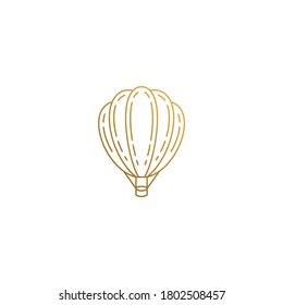 Simple vector illustration of linear style logo design template of elegant flying hot air balloon drawn with thin golden lines