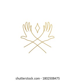 Simple vector illustration of linear style logo design template of elegant crossed female hands with open palms drawn with golden lines