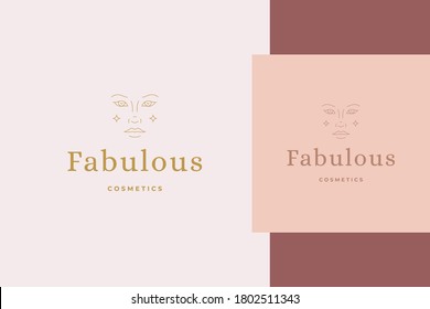 Simple vector illustration of linear style emblem template with shining female face designed for cosmetics and skin care industry product packaging line style