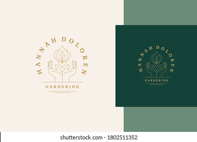 Simple vector illustration of linear style logo template with female hands nurturing natural orchid flower designed for gardening industry advertisement line style