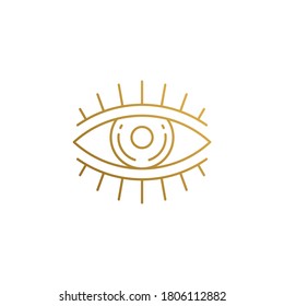 Simple vector illustration of linear style icon design template of open eye with eyelashes hand drawn with thin golden lines