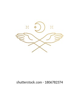 Simple vector illustration of linear style logo design template of elegant crossed female hands with open palms drawn with golden lines