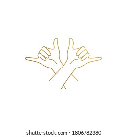 Simple vector illustration of linear style logo design template of elegant crossed female hands gesturing shaka with open palms drawn with golden lines