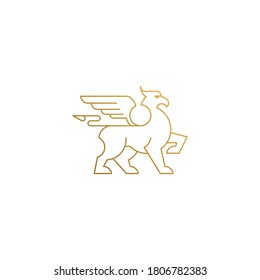 Simple vector illustration of linear style emblem design template of gorgeous mythical creature called griffin hand drawn with golden lines