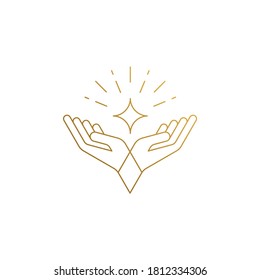 Simple vector illustration linear style logo design template elegant crossed female hands and open palms drawn and golden lines
