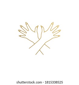 Simple vector illustration of linear style logo design template of elegant crossed female hands with open palms drawn with golden lines