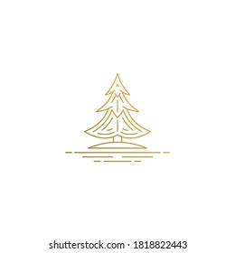 Simple vector illustration of linear style emblem design template of spruce growing in forest hand drawn with thin golden lines