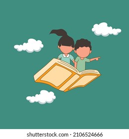 Simple ilustración vectorial de un niño y una niña estudiante o preescolar volando en el libro mágico. Niños felices volando en el libro. Concepto de poder del conocimiento. ilustración de diseño moderno de líneas 