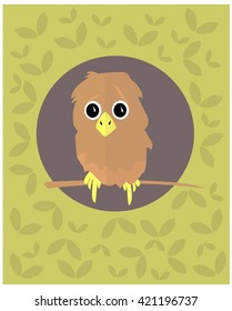 Simple vector illustration of a little frightened owl on a branch. Flat style
