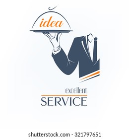 Simple vector illustration logo, isolated. Waiter is holding a tray over white background. Excellent service idea sign. Classic banner or label for any business. 