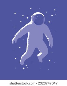 Simple Vector Illustration with Lonely Astronaut Floating Between Stars in Outer Space. Cosmonaut on a Blue Galaxy Background. Space Party Print. Spaceman Print ideal for Poster, Wall Art.RGB Colors.