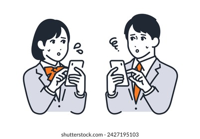 A simple vector illustration of male and female students looking at their smartphones with troubled expressions