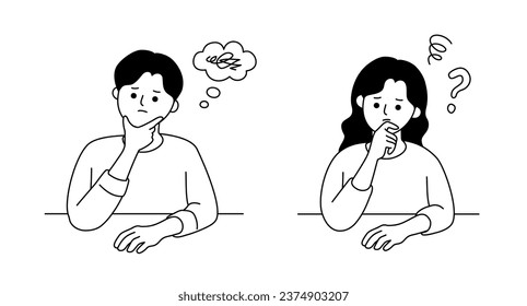 A simple vector illustration of a man and a woman sitting at their desks and contemplating deeply.