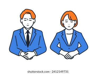 Simple vector illustration of a man and woman in suits bowing.