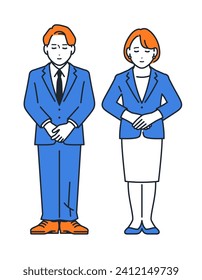 Simple vector illustration of a man and woman in suits bowing.