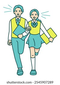 Simples ilustração vetorial de um homem e uma mulher no uniforme escolar arrojando com sorrisos em seus rostos, adolescentes.