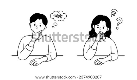 A simple vector illustration of a man and a woman sitting at their desks and contemplating deeply.