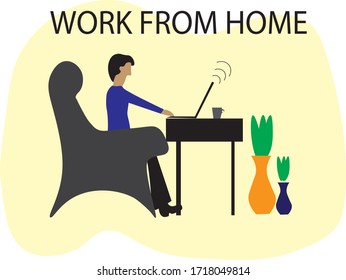 Einfache Vektorgrafik eines Mannes, der von zu Hause aus mit den Worten "Von zu Hause aus arbeiten" arbeitet. Covid-19 und Schließungsproblem.