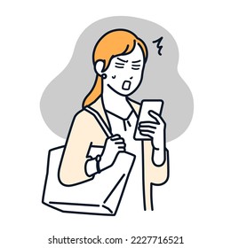 Material simple de ilustración vectorial de una mujer de negocios que está sorprendida de ver un smartphone