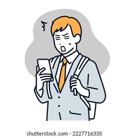 Simple vector illustration material of a businessman who is shocked to see a smartphone