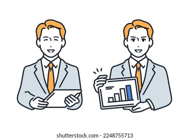 Simple vector illustration material of a businessman explaining with a tablet terminal