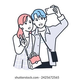 Simple vector illustration material of a couple taking a photo with a smartphone