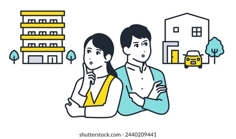 A simple vector illustration material of a couple worried about apartments and detached houses.